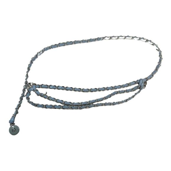 Vintage St John Enamel Baby Blue Leather & Chain Belt Triple Strand Logo Charms main image 4